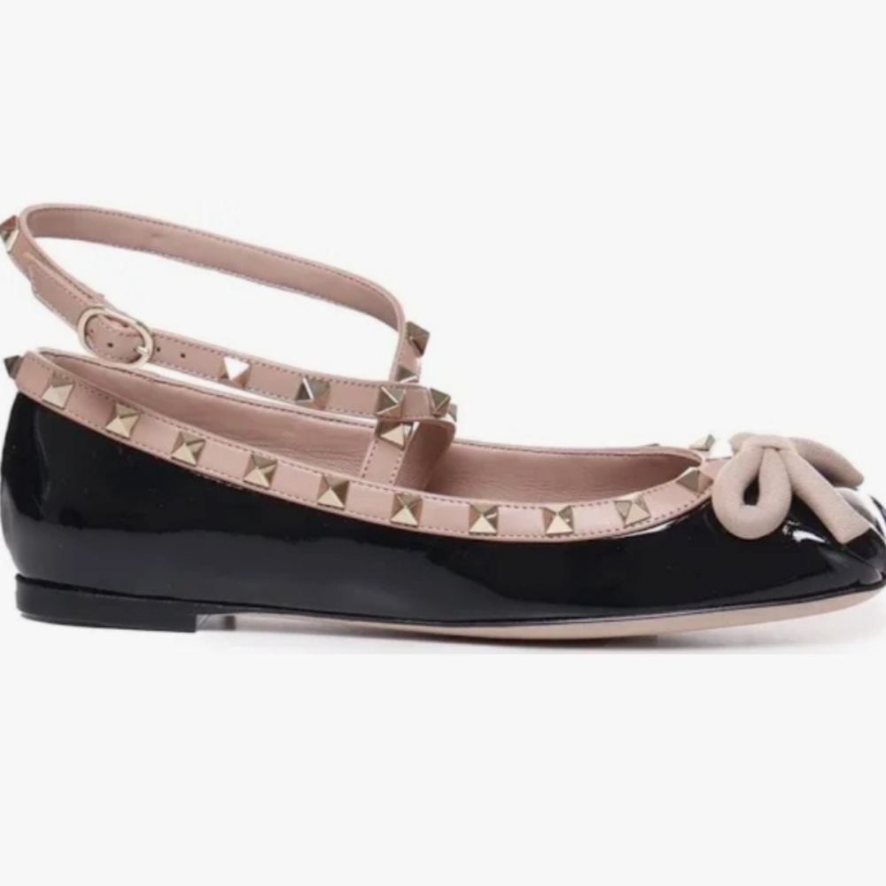 Valentino Garavani Glossy Black Balley Flats with Bow and Gold Studs